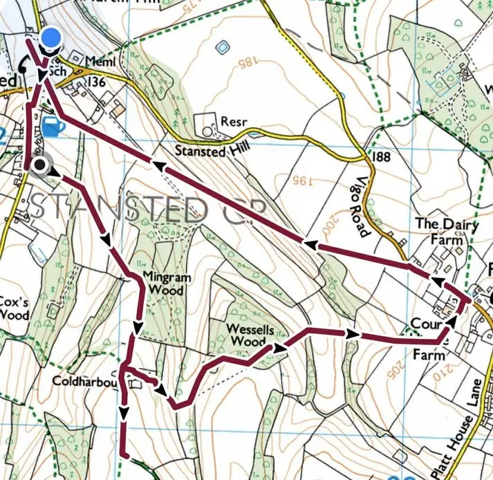 Route of the Stansted & Fairseat History Society Walk in July 2023